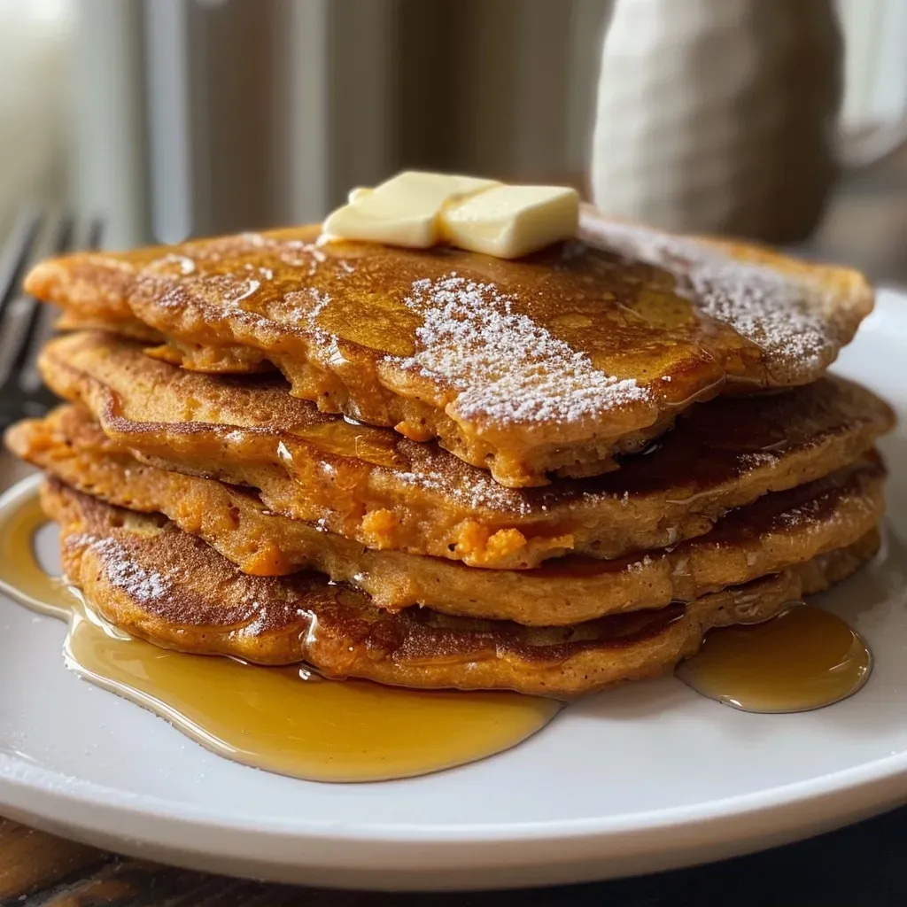 ['Fluffy sweet potato pancakes stacked with a drizzle of maple butter and a sprinkle of cinnamon.', 'Close-up of golden-brown sweet potato pancakes with melting butter and syrup, showcasing their fluffy texture.', 'Side view of a stack of sweet potato pancakes topped with glossy maple syrup and a pat of butter.', 'Succulent sweet potato pancakes arranged on a plate, glistening with maple syrup and buttery goodness.']