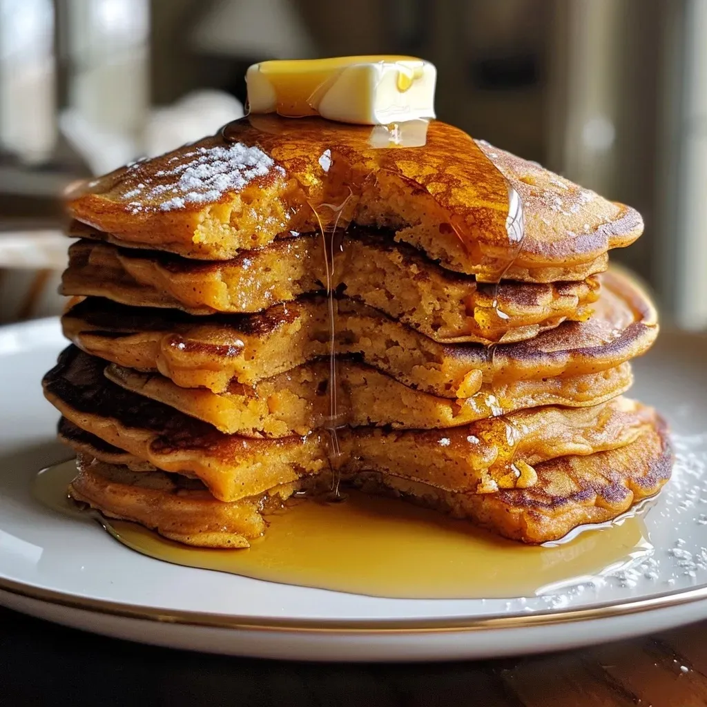 ['Fluffy sweet potato pancakes stacked with a drizzle of maple butter and a sprinkle of cinnamon.', 'Close-up of golden-brown sweet potato pancakes with melting butter and syrup, showcasing their fluffy texture.', 'Side view of a stack of sweet potato pancakes topped with glossy maple syrup and a pat of butter.', 'Succulent sweet potato pancakes arranged on a plate, glistening with maple syrup and buttery goodness.']