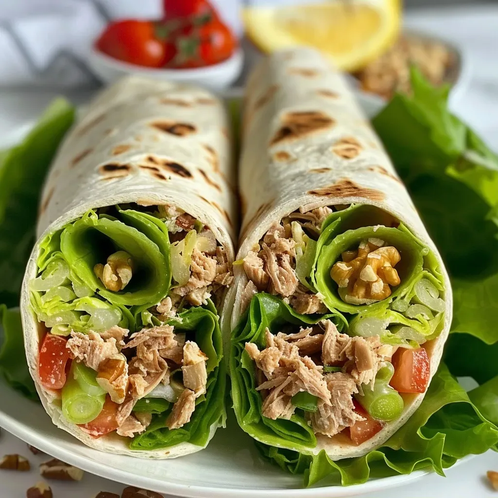 ['Close-up of a juicy tuna wrap filled with fresh ingredients.', 'Side view of a tuna wrap showcasing its vibrant filling and tortilla.', 'Juicy tuna wrap with sliced tomatoes and greens, captured in detail.', 'Colorful tuna wrap with a variety of ingredients, displayed from the side.']