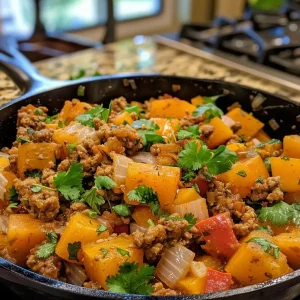 ['Close-up view of a Turkey Butternut Squash Skillet showcasing diced turkey, cubed butternut squash, and melted cheese.', 'Colorful close-up of a skillet filled with ground turkey, butternut squash, red bell pepper, and garnished with fresh herbs.', 'A side view of a delicious Turkey Butternut Squash Skillet with visible ingredients like cheese and spices.', 'Juicy Turkey Butternut Squash Skillet captured from the side, highlighting the vibrant colors of the vegetables and meat.']