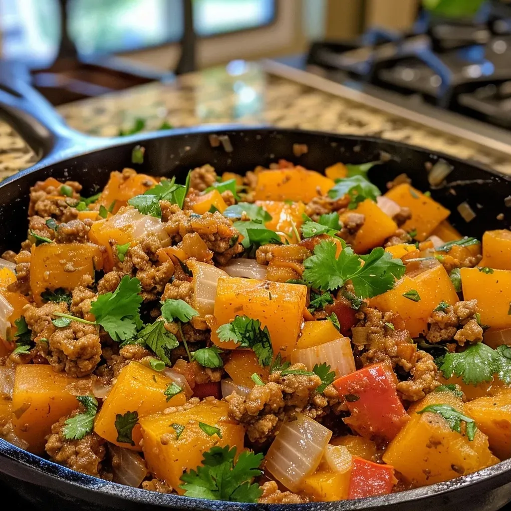 ['Close-up view of a Turkey Butternut Squash Skillet showcasing diced turkey, cubed butternut squash, and melted cheese.', 'Colorful close-up of a skillet filled with ground turkey, butternut squash, red bell pepper, and garnished with fresh herbs.', 'A side view of a delicious Turkey Butternut Squash Skillet with visible ingredients like cheese and spices.', 'Juicy Turkey Butternut Squash Skillet captured from the side, highlighting the vibrant colors of the vegetables and meat.']
