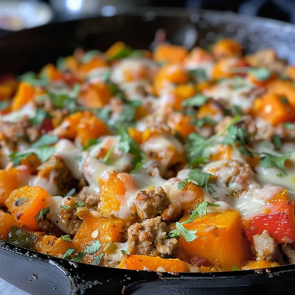 ['Close-up view of a Turkey Butternut Squash Skillet showcasing diced turkey, cubed butternut squash, and melted cheese.', 'Colorful close-up of a skillet filled with ground turkey, butternut squash, red bell pepper, and garnished with fresh herbs.', 'A side view of a delicious Turkey Butternut Squash Skillet with visible ingredients like cheese and spices.', 'Juicy Turkey Butternut Squash Skillet captured from the side, highlighting the vibrant colors of the vegetables and meat.']
