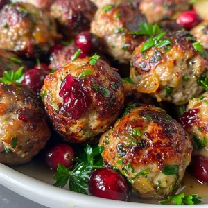 ['Close-up of juicy Turkey Cranberry Meatballs glazed with orange sauce.', 'Mouthwatering Turkey Cranberry Meatballs served with a vibrant cranberry orange sauce.', 'Side view of tender Turkey Meatballs topped with fresh cranberries and orange zest.', 'Delicious Turkey Cranberry Meatballs on a plate, drenched in cranberry orange sauce.']