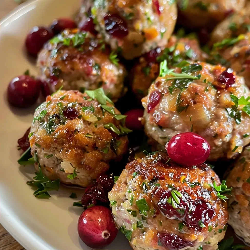 ['Close-up of juicy Turkey Cranberry Meatballs glazed with orange sauce.', 'Mouthwatering Turkey Cranberry Meatballs served with a vibrant cranberry orange sauce.', 'Side view of tender Turkey Meatballs topped with fresh cranberries and orange zest.', 'Delicious Turkey Cranberry Meatballs on a plate, drenched in cranberry orange sauce.']