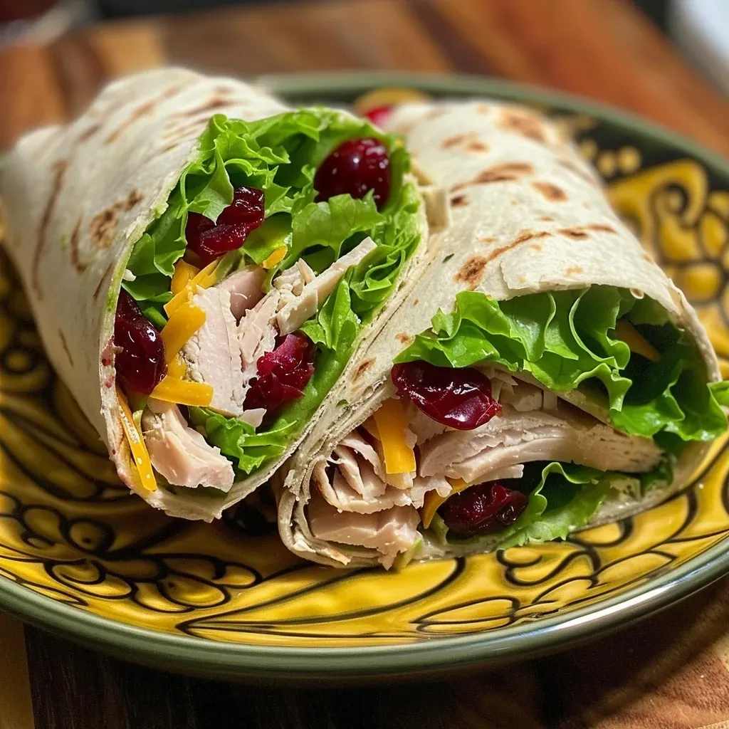 ['Close-up of a Turkey Cranberry Wrap showing colorful ingredients layered in a flour tortilla.', 'Side view of a juicy Turkey Cranberry Wrap with lettuce, turkey, cheese, and cranberries visible.', 'Detailed view of a Turkey Cranberry Wrap featuring turkey slices, cream cheese, and vibrant lettuce.', 'Appetizing Turkey Cranberry Wrap filled with turkey, cheese, and cranberries, partially unwrapped.']
