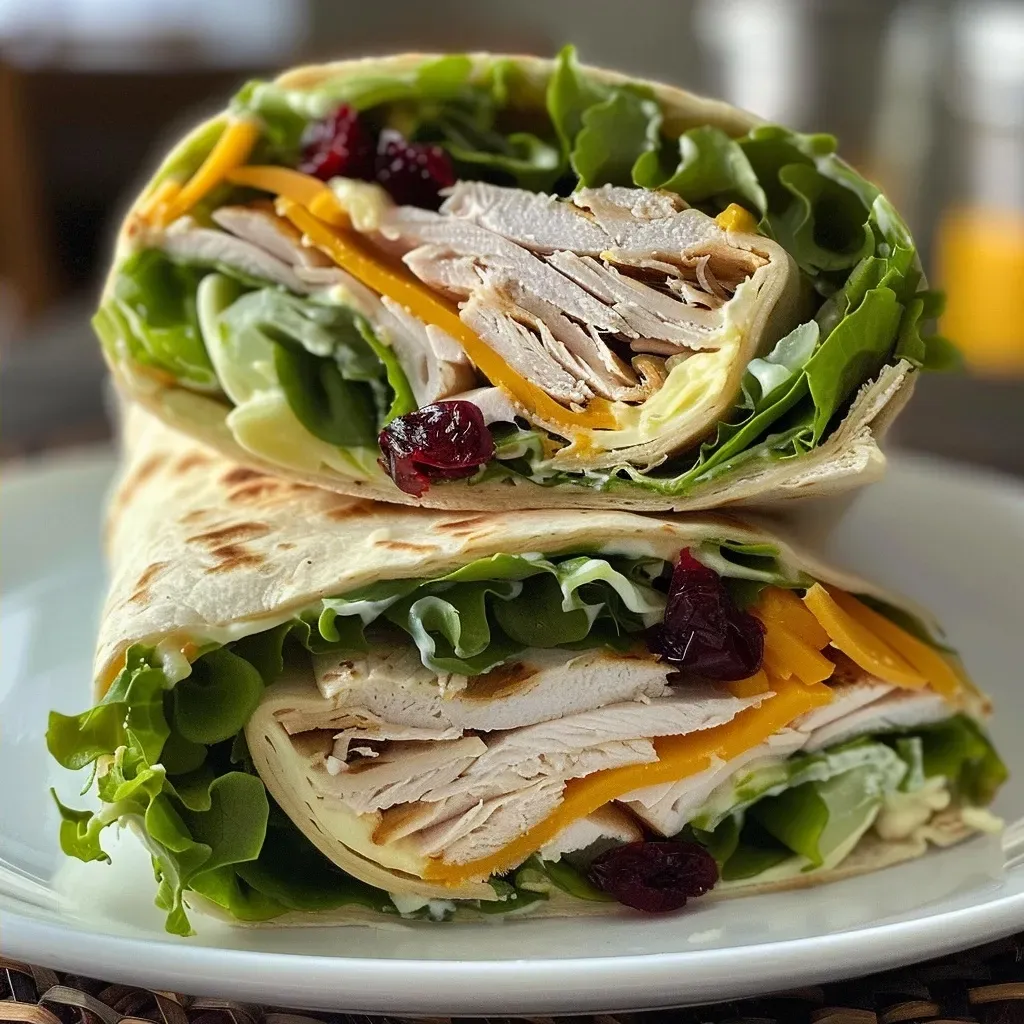 ['Close-up of a Turkey Cranberry Wrap showing colorful ingredients layered in a flour tortilla.', 'Side view of a juicy Turkey Cranberry Wrap with lettuce, turkey, cheese, and cranberries visible.', 'Detailed view of a Turkey Cranberry Wrap featuring turkey slices, cream cheese, and vibrant lettuce.', 'Appetizing Turkey Cranberry Wrap filled with turkey, cheese, and cranberries, partially unwrapped.']