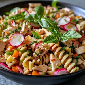 ['A close-up view of a vibrant Turkey Pasta Salad with colorful ingredients.', 'Juicy Turkey Pasta Salad displayed from the side, showcasing its fresh vegetables and pasta.', 'A detailed shot of a Turkey Pasta Salad featuring diced turkey, green onions, and radishes.', 'Side view of a Turkey Pasta Salad highlighting various greens and pasta textures.']