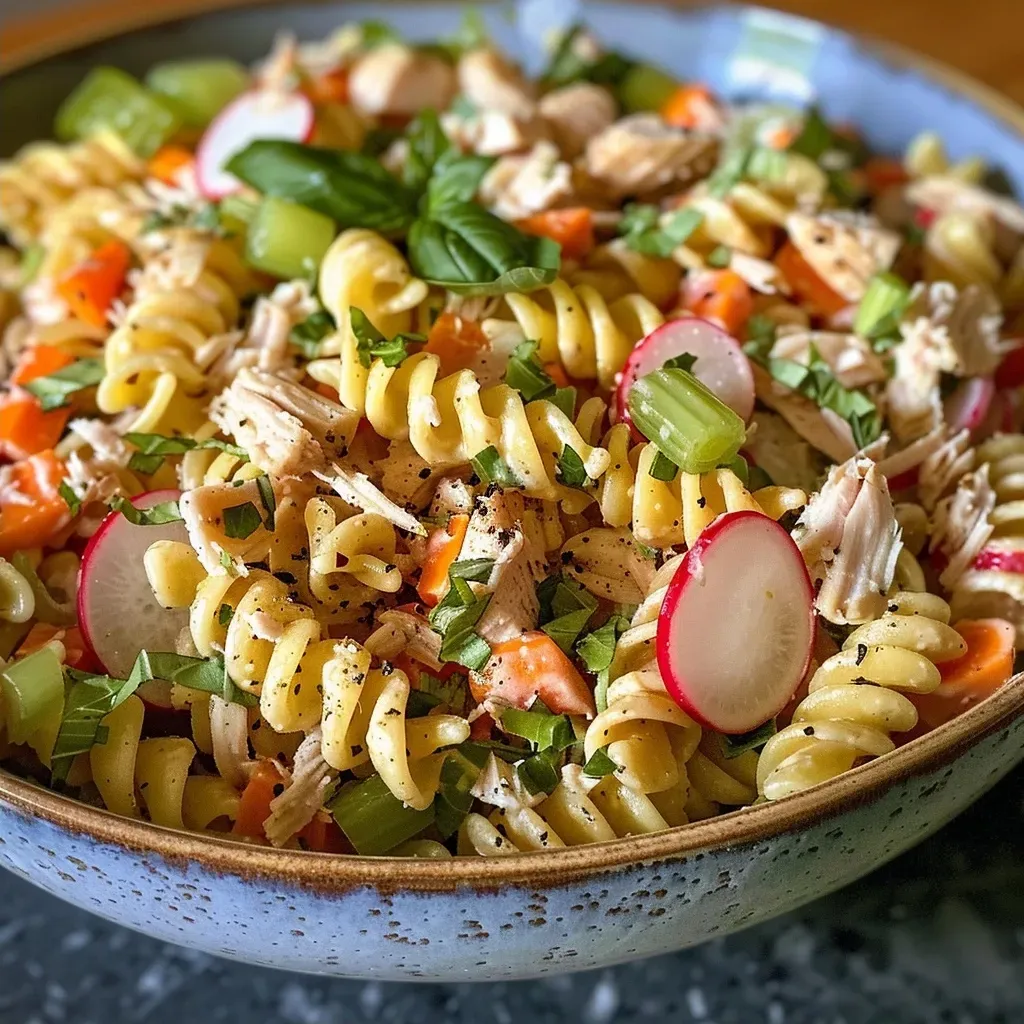 ['A close-up view of a vibrant Turkey Pasta Salad with colorful ingredients.', 'Juicy Turkey Pasta Salad displayed from the side, showcasing its fresh vegetables and pasta.', 'A detailed shot of a Turkey Pasta Salad featuring diced turkey, green onions, and radishes.', 'Side view of a Turkey Pasta Salad highlighting various greens and pasta textures.']