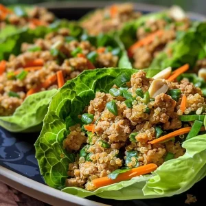['Close-up view of Turkey Quinoa Lettuce Wraps with vibrant fillings.', 'Side view of layered Turkey Quinoa Lettuce Wraps showcasing fresh ingredients.', 'Juicy Turkey Quinoa Lettuce Wraps arranged on a plate with colorful toppings.', 'Freshly made Turkey Quinoa Lettuce Wraps highlighting crunchy lettuce and savory filling.']