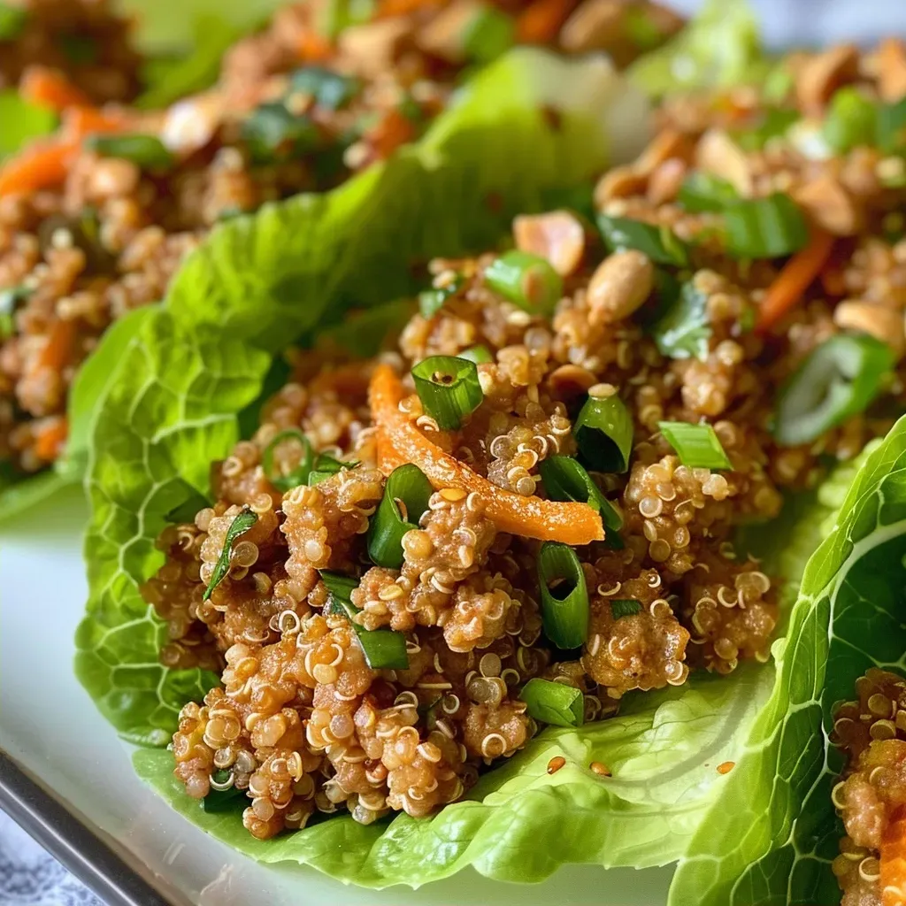 ['Close-up view of Turkey Quinoa Lettuce Wraps with vibrant fillings.', 'Side view of layered Turkey Quinoa Lettuce Wraps showcasing fresh ingredients.', 'Juicy Turkey Quinoa Lettuce Wraps arranged on a plate with colorful toppings.', 'Freshly made Turkey Quinoa Lettuce Wraps highlighting crunchy lettuce and savory filling.']
