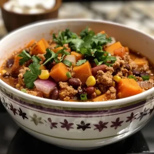 ['Close-up of a hearty bowl of Turkey Sweet Potato Chili, showcasing its rich ingredients.', 'Side view of Turkey Sweet Potato Chili filled with vibrant vegetables and spices.', 'Juicy Turkey Sweet Potato Chili in a bowl, highlighting the texture of sweet potatoes and ground turkey.', 'A steaming bowl of Turkey Sweet Potato Chili, garnished with cilantro and ready to serve.']