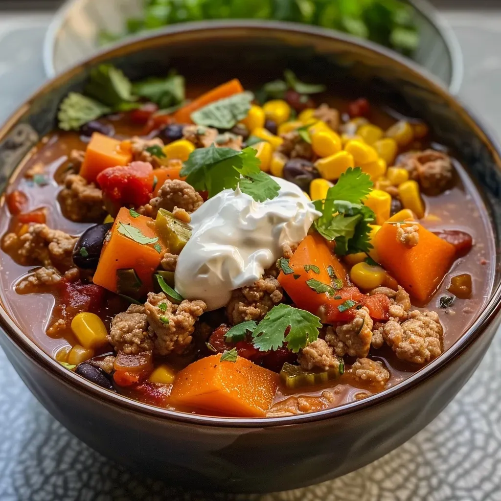 ['Close-up of a hearty bowl of Turkey Sweet Potato Chili, showcasing its rich ingredients.', 'Side view of Turkey Sweet Potato Chili filled with vibrant vegetables and spices.', 'Juicy Turkey Sweet Potato Chili in a bowl, highlighting the texture of sweet potatoes and ground turkey.', 'A steaming bowl of Turkey Sweet Potato Chili, garnished with cilantro and ready to serve.']