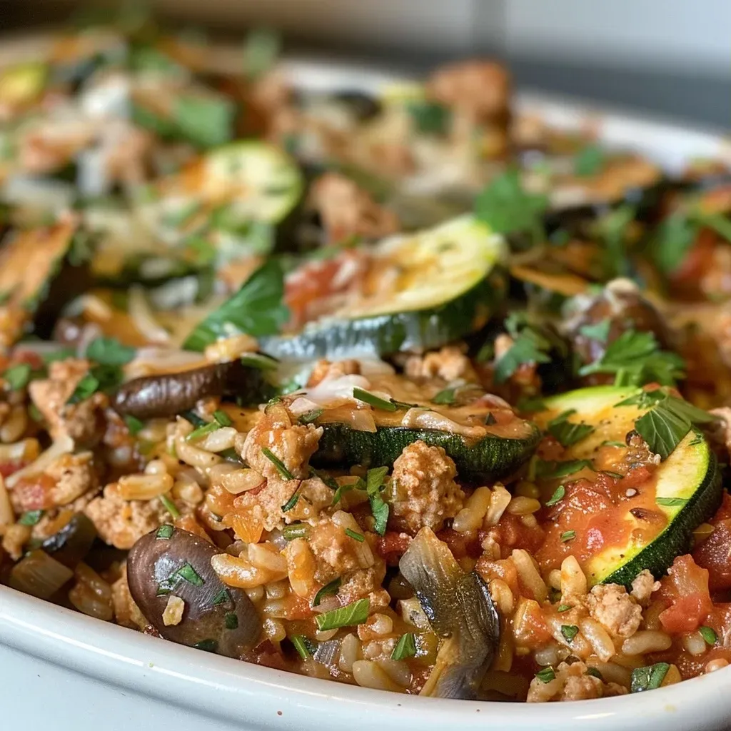 ['Close-up of a turkey zucchini rice casserole showing a melty cheese topping and vibrant vegetables.', 'Side view of a delicious casserole with layers of turkey, zucchini, and rice, topped with melted Parmesan.', 'A hearty turkey zucchini rice casserole, featuring colorful ingredients and a golden-brown cheese crust.', 'Juicy turkey and zucchini casserole with visible ingredients, garnished with parsley and a cheesy surface.']