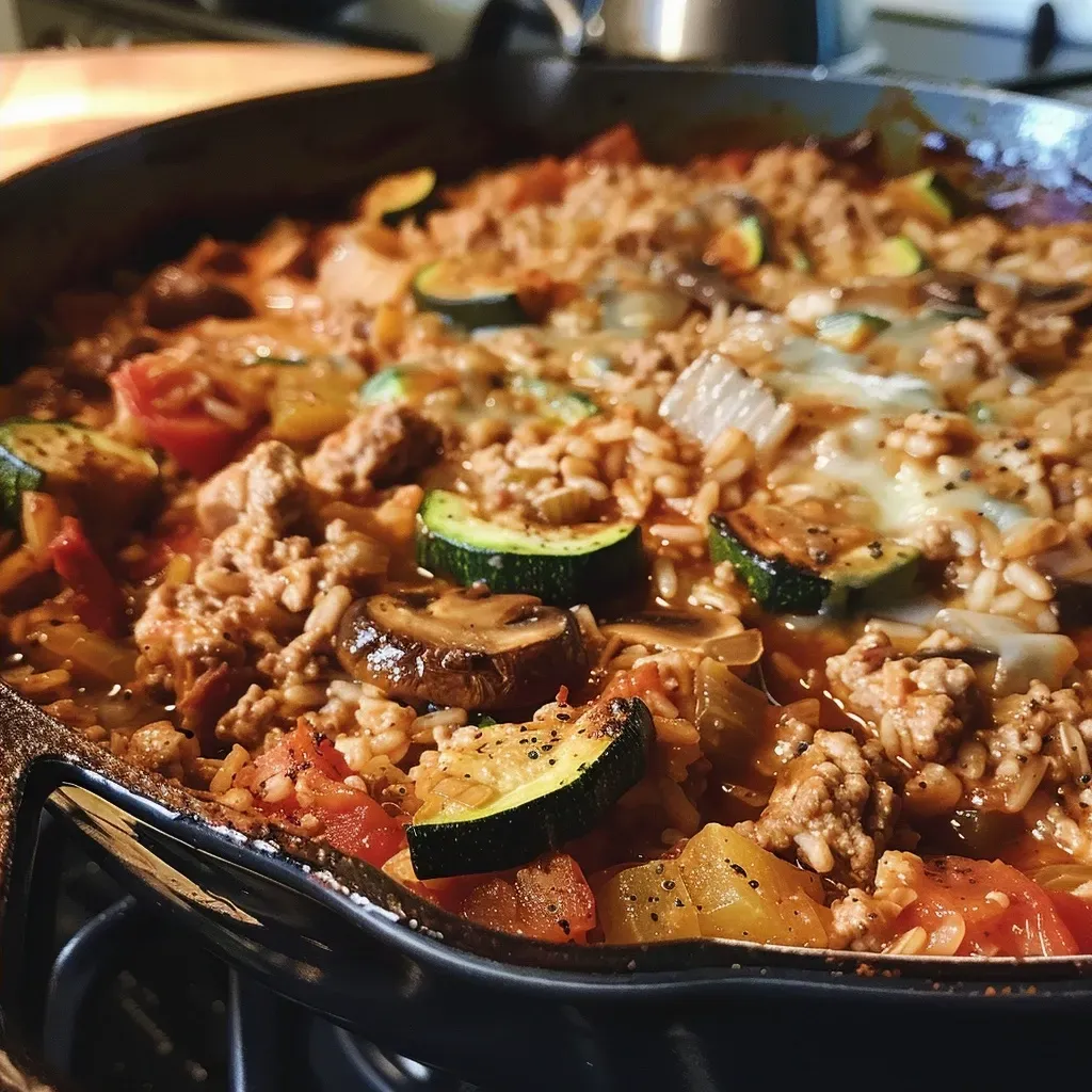 ['Close-up of a turkey zucchini rice casserole showing a melty cheese topping and vibrant vegetables.', 'Side view of a delicious casserole with layers of turkey, zucchini, and rice, topped with melted Parmesan.', 'A hearty turkey zucchini rice casserole, featuring colorful ingredients and a golden-brown cheese crust.', 'Juicy turkey and zucchini casserole with visible ingredients, garnished with parsley and a cheesy surface.']