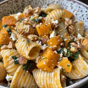 ['Close-up of creamy pumpkin feta pasta with spinach and walnuts.', 'Side view of a colorful bowl filled with pumpkin feta pasta with herbs.', 'Delicious pumpkin feta pasta dish showcasing pasta shells and fresh ingredients.', 'Appetizing pumpkin and feta pasta garnished with walnuts and thyme.']