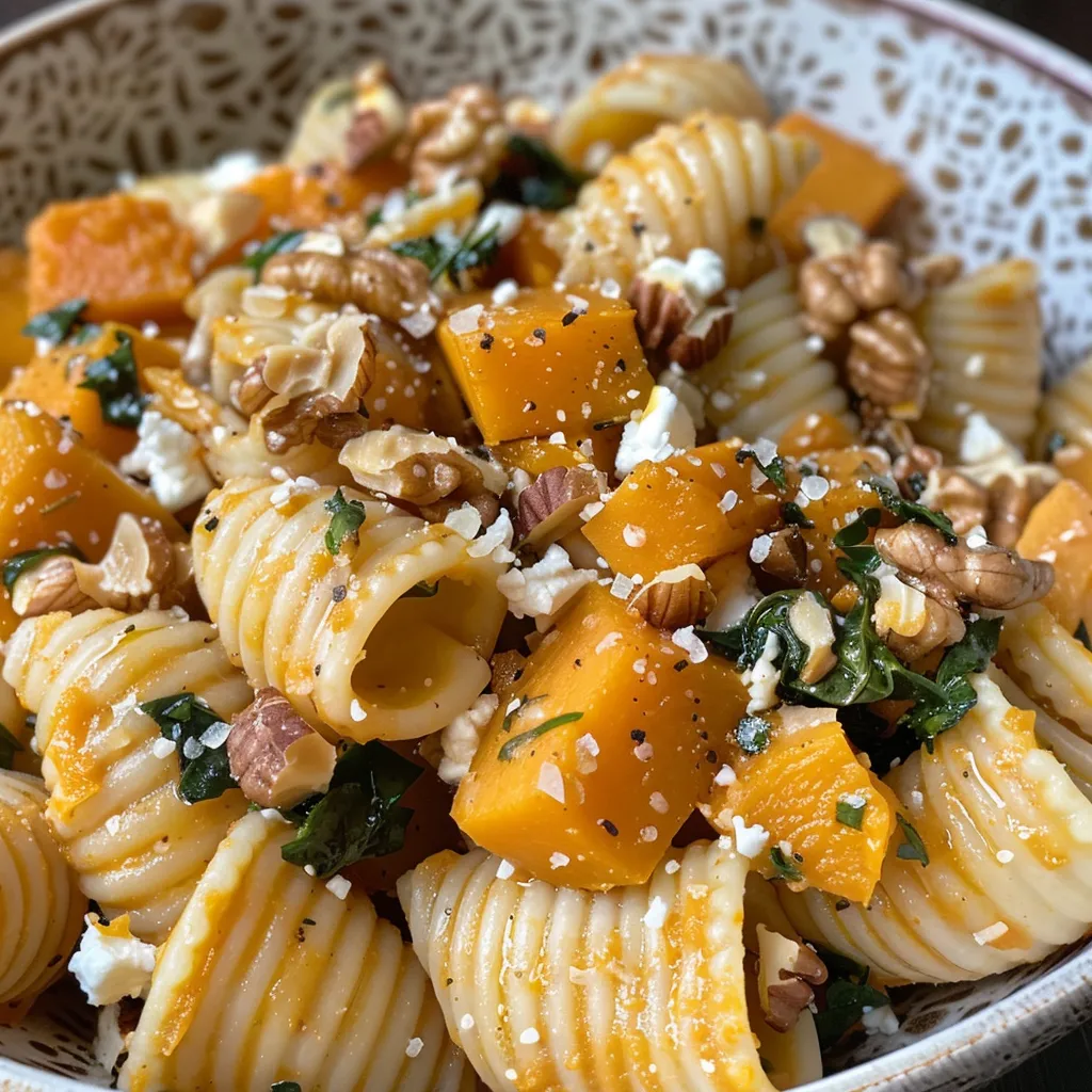 ['Close-up of creamy pumpkin feta pasta with spinach and walnuts.', 'Side view of a colorful bowl filled with pumpkin feta pasta with herbs.', 'Delicious pumpkin feta pasta dish showcasing pasta shells and fresh ingredients.', 'Appetizing pumpkin and feta pasta garnished with walnuts and thyme.']
