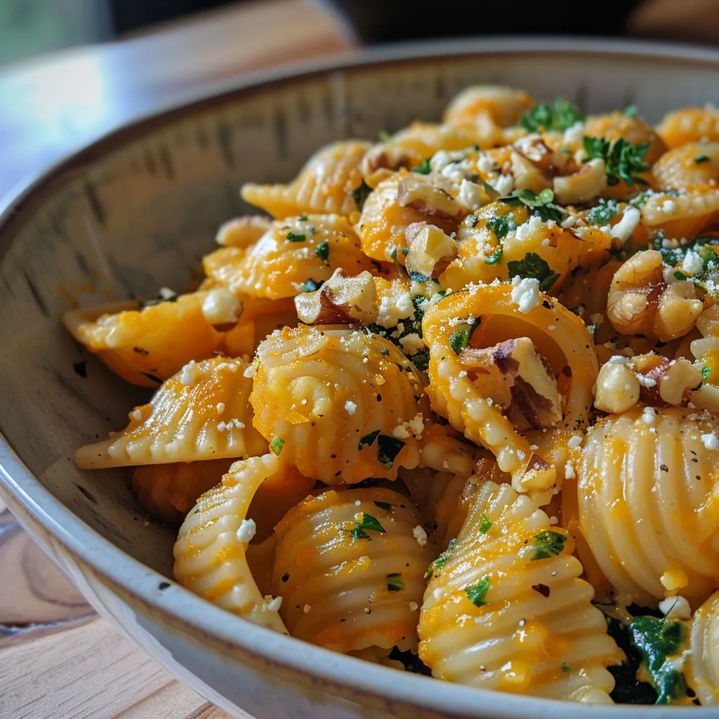 ['Close-up of creamy pumpkin feta pasta with spinach and walnuts.', 'Side view of a colorful bowl filled with pumpkin feta pasta with herbs.', 'Delicious pumpkin feta pasta dish showcasing pasta shells and fresh ingredients.', 'Appetizing pumpkin and feta pasta garnished with walnuts and thyme.']