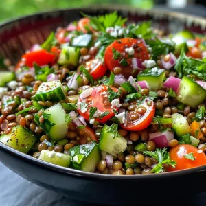 ['A colorful close-up of a fresh lentil salad featuring cucumbers, tomatoes, and feta cheese.', 'Side view of a vibrant lentil salad with mixed vegetables, herbs, and pumpkin seeds.', 'Detailed look at a healthy lentil salad, showcasing red onion, parsley, and a lemon wedge.', 'Juicy lentil salad arranged with fresh ingredients, highlighting the textures and colors.']