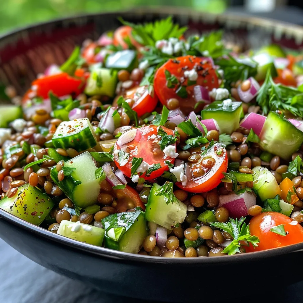 ['A colorful close-up of a fresh lentil salad featuring cucumbers, tomatoes, and feta cheese.', 'Side view of a vibrant lentil salad with mixed vegetables, herbs, and pumpkin seeds.', 'Detailed look at a healthy lentil salad, showcasing red onion, parsley, and a lemon wedge.', 'Juicy lentil salad arranged with fresh ingredients, highlighting the textures and colors.']