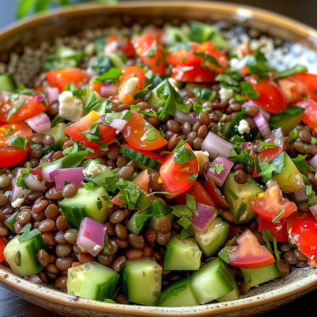 ['A colorful close-up of a fresh lentil salad featuring cucumbers, tomatoes, and feta cheese.', 'Side view of a vibrant lentil salad with mixed vegetables, herbs, and pumpkin seeds.', 'Detailed look at a healthy lentil salad, showcasing red onion, parsley, and a lemon wedge.', 'Juicy lentil salad arranged with fresh ingredients, highlighting the textures and colors.']