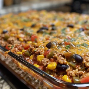 Close-up of a Southwestern Ground Turkey Casserole with visible layers of ingredients.