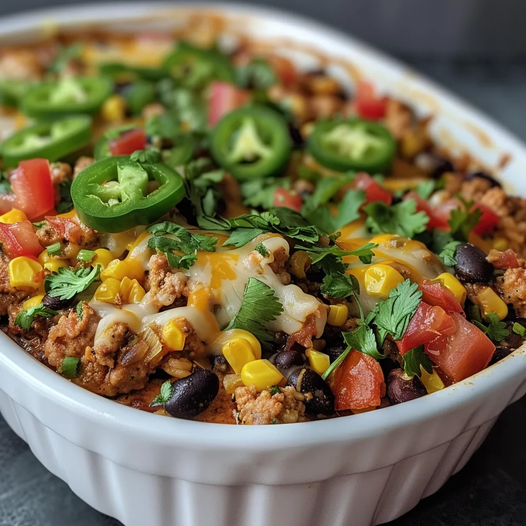 Close-up of a Southwestern Ground Turkey Casserole with visible layers of ingredients.