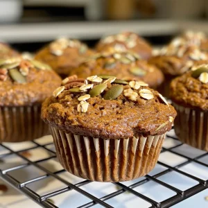 ['Close-up side view of a freshly baked pumpkin oat muffin showcasing its texture.', 'Delicious pumpkin oat muffin with a golden crust and visible pecans on top.', 'Textured profile of a gluten-free pumpkin oat muffin with visible oats and pumpkin seeds.', 'Juicy pumpkin oat muffin highlighted in a close-up shot, revealing its moist interior.']