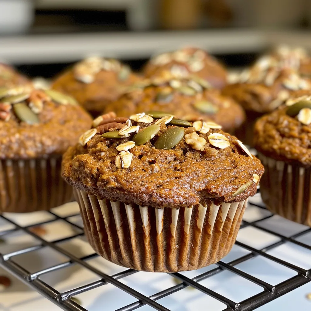 ['Close-up side view of a freshly baked pumpkin oat muffin showcasing its texture.', 'Delicious pumpkin oat muffin with a golden crust and visible pecans on top.', 'Textured profile of a gluten-free pumpkin oat muffin with visible oats and pumpkin seeds.', 'Juicy pumpkin oat muffin highlighted in a close-up shot, revealing its moist interior.']