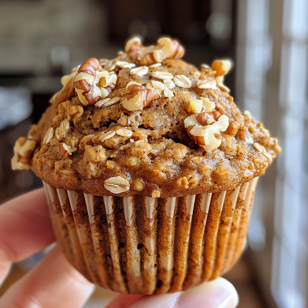 ['Close-up side view of a freshly baked pumpkin oat muffin showcasing its texture.', 'Delicious pumpkin oat muffin with a golden crust and visible pecans on top.', 'Textured profile of a gluten-free pumpkin oat muffin with visible oats and pumpkin seeds.', 'Juicy pumpkin oat muffin highlighted in a close-up shot, revealing its moist interior.']