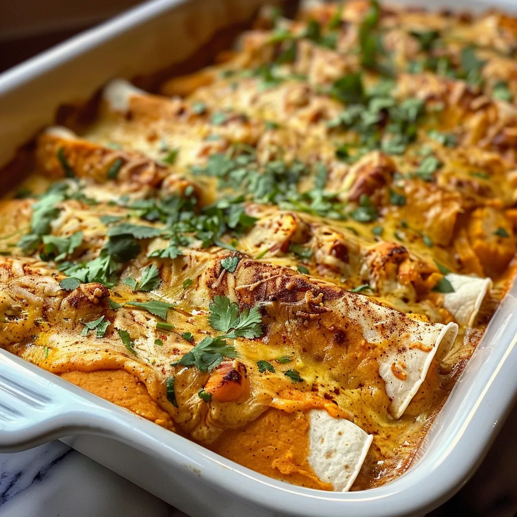 ['Close-up of creamy pumpkin chicken enchiladas topped with melted cheese and cilantro.', 'Side view of delicious vegetarian pumpkin chicken enchiladas, showcasing their creamy texture.', 'Juicy pumpkin chicken enchiladas garnished with green chilies and a sprinkle of cilantro.', 'Creamy chicken enchiladas made with pumpkin puree, displayed with a vibrant color contrast.']