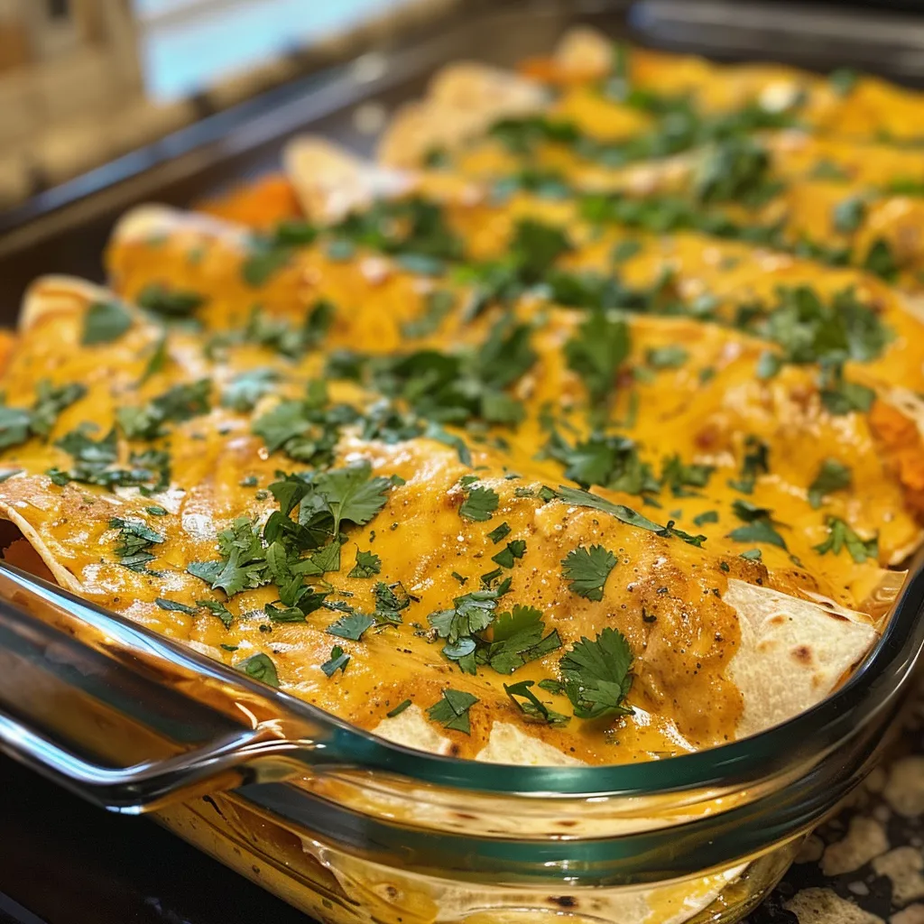['Close-up of creamy pumpkin chicken enchiladas topped with melted cheese and cilantro.', 'Side view of delicious vegetarian pumpkin chicken enchiladas, showcasing their creamy texture.', 'Juicy pumpkin chicken enchiladas garnished with green chilies and a sprinkle of cilantro.', 'Creamy chicken enchiladas made with pumpkin puree, displayed with a vibrant color contrast.']