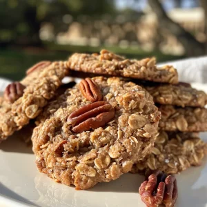 ['Close-up view of healthy maple pecan oatmeal cookies highlighting their texture and golden-brown color.', 'Side view photo of freshly baked maple pecan oatmeal cookies with visible pecans and oatmeal.', 'Detailed image of healthy cookies with a focus on the chewy texture and crunchy pecans.', 'Juicy, golden-brown maple pecan oatmeal cookies arranged beautifully, showcasing their ingredients.']