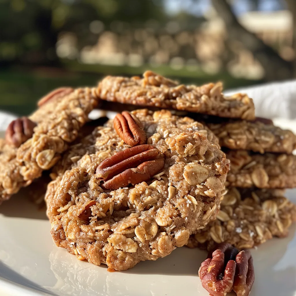 ['Close-up view of healthy maple pecan oatmeal cookies highlighting their texture and golden-brown color.', 'Side view photo of freshly baked maple pecan oatmeal cookies with visible pecans and oatmeal.', 'Detailed image of healthy cookies with a focus on the chewy texture and crunchy pecans.', 'Juicy, golden-brown maple pecan oatmeal cookies arranged beautifully, showcasing their ingredients.']