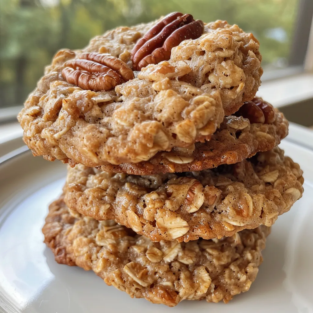 ['Close-up view of healthy maple pecan oatmeal cookies highlighting their texture and golden-brown color.', 'Side view photo of freshly baked maple pecan oatmeal cookies with visible pecans and oatmeal.', 'Detailed image of healthy cookies with a focus on the chewy texture and crunchy pecans.', 'Juicy, golden-brown maple pecan oatmeal cookies arranged beautifully, showcasing their ingredients.']