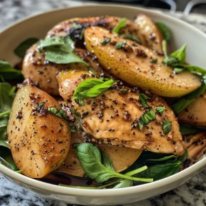 ['Close-up view of Balsamic Chicken and Pears served on a plate with spinach.', 'Juicy Balsamic Chicken with pear wedges and fresh spinach, side view.', 'Plate showcasing Balsamic Chicken alongside sliced pears and sautéed spinach.', 'Delicious Balsamic Chicken dish garnished with pears and spinach leaves.']