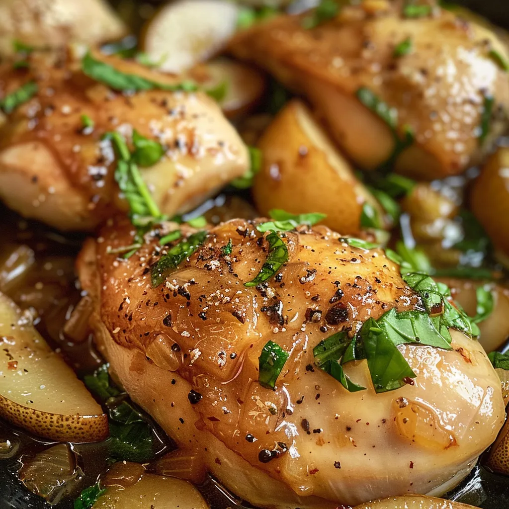 ['Close-up view of Balsamic Chicken and Pears served on a plate with spinach.', 'Juicy Balsamic Chicken with pear wedges and fresh spinach, side view.', 'Plate showcasing Balsamic Chicken alongside sliced pears and sautéed spinach.', 'Delicious Balsamic Chicken dish garnished with pears and spinach leaves.']