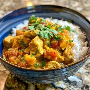 Close-up view of a creamy pumpkin chicken curry served in a bowl.