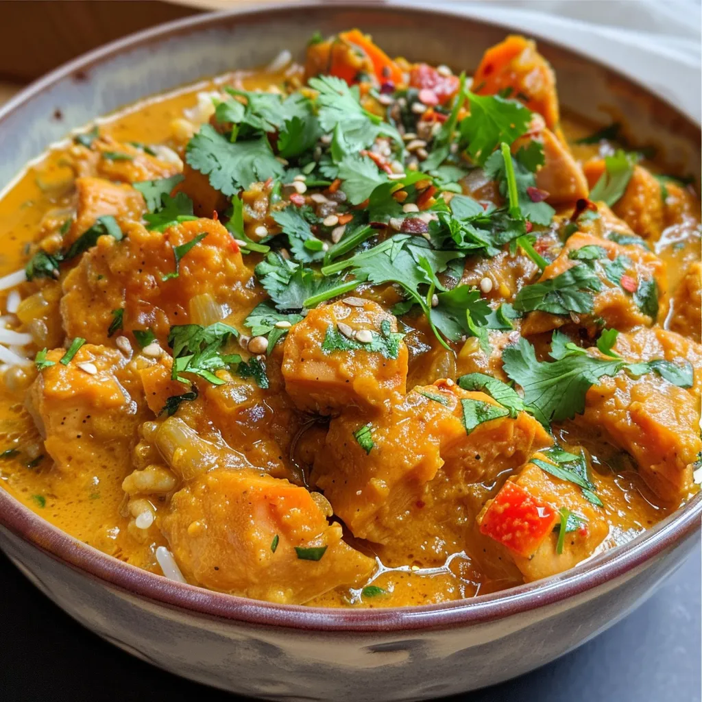 Close-up view of a creamy pumpkin chicken curry served in a bowl.