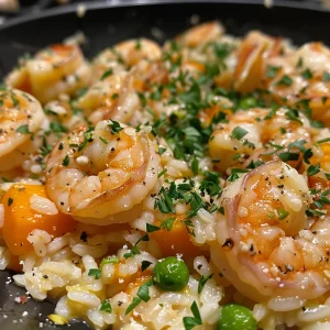 ['A plate of Easy Shrimp Butternut Squash Risotto with vibrant colors and textures.', 'Close-up view of a creamy risotto dish featuring shrimp and spiralized butternut squash.', 'A delicious bowl of risotto topped with shrimp and fresh herbs, showcasing the ingredients clearly.', 'Juicy shrimp nestled in a colorful butternut squash risotto, garnished with parsley.']
