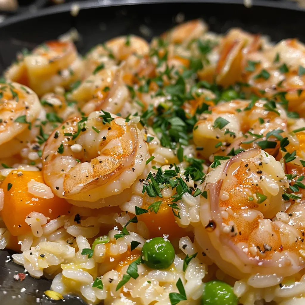 ['A plate of Easy Shrimp Butternut Squash Risotto with vibrant colors and textures.', 'Close-up view of a creamy risotto dish featuring shrimp and spiralized butternut squash.', 'A delicious bowl of risotto topped with shrimp and fresh herbs, showcasing the ingredients clearly.', 'Juicy shrimp nestled in a colorful butternut squash risotto, garnished with parsley.']