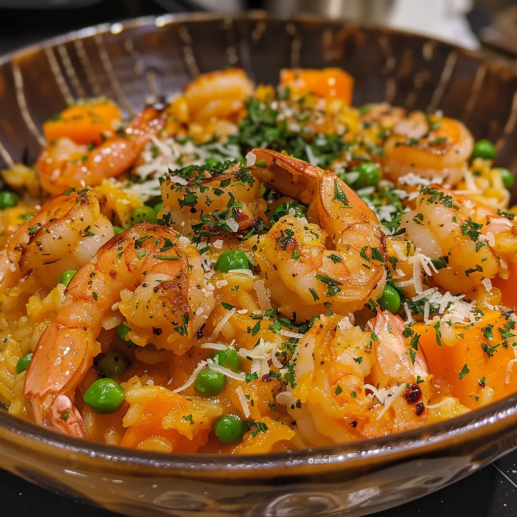 ['A plate of Easy Shrimp Butternut Squash Risotto with vibrant colors and textures.', 'Close-up view of a creamy risotto dish featuring shrimp and spiralized butternut squash.', 'A delicious bowl of risotto topped with shrimp and fresh herbs, showcasing the ingredients clearly.', 'Juicy shrimp nestled in a colorful butternut squash risotto, garnished with parsley.']
