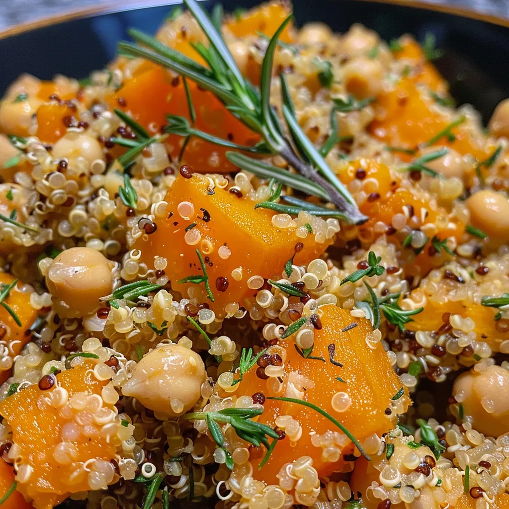 ['Close-up view of a bowl of One Pot Quinoa with Butternut Squash and garbanzo beans.', 'A vibrant dish of One Pot Quinoa featuring butternut squash and greens.', 'Delicious One Pot Quinoa with pieces of butternut squash and sprinkled rosemary.', 'A side view of One Pot Quinoa with Butternut Squash, showcasing its colorful ingredients.']