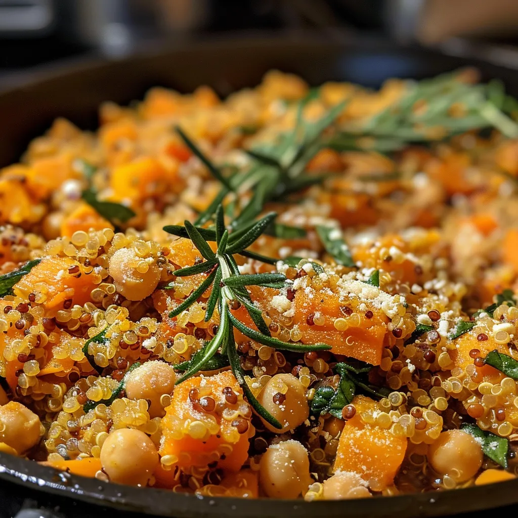 ['Close-up view of a bowl of One Pot Quinoa with Butternut Squash and garbanzo beans.', 'A vibrant dish of One Pot Quinoa featuring butternut squash and greens.', 'Delicious One Pot Quinoa with pieces of butternut squash and sprinkled rosemary.', 'A side view of One Pot Quinoa with Butternut Squash, showcasing its colorful ingredients.']