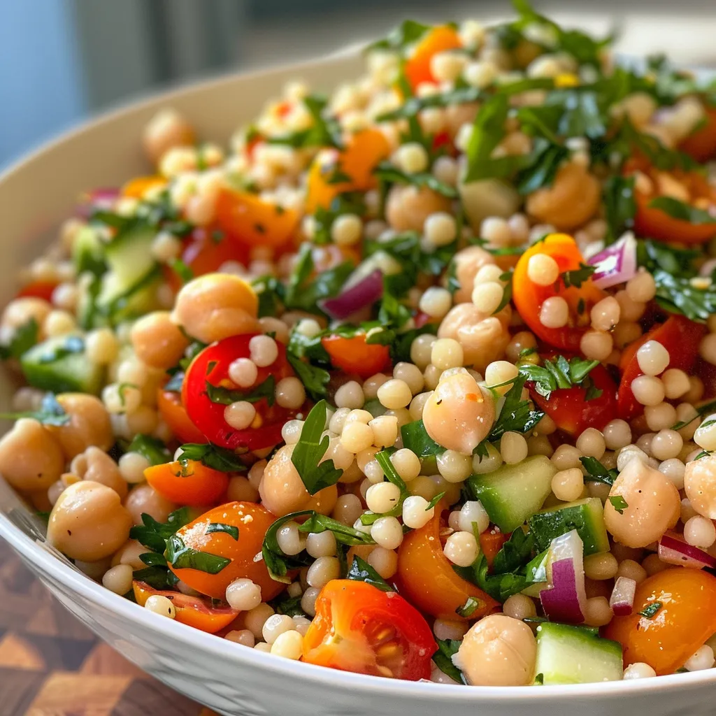 ['Close-up shot of a vibrant Pearl Couscous Salad featuring chickpeas, cherry tomatoes, and fresh herbs.', 'Side view of a beautifully arranged Pearl Couscous Salad with chickpeas and colorful vegetables.', 'A detailed view of a delicious Pearl Couscous Salad, showcasing its colorful ingredients like cucumbers and olives.', 'Close view of a hearty salad made with pearl couscous, chickpeas, herbs, and spices, highlighting its freshness.']