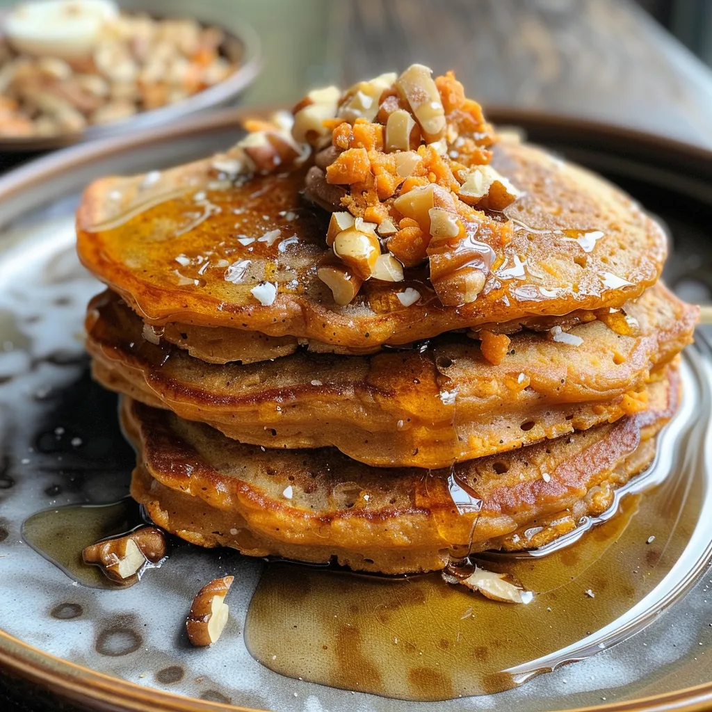 ['Close-up view of fluffy sweet potato protein pancakes drizzled with maple syrup.', 'Side profile of golden sweet potato pancakes topped with walnuts and syrup.', 'Juicy sweet potato pancakes stacked high, showcasing their texture and toppings.', 'Delicious-looking sweet potato protein pancakes served on a plate, glistening with syrup.']