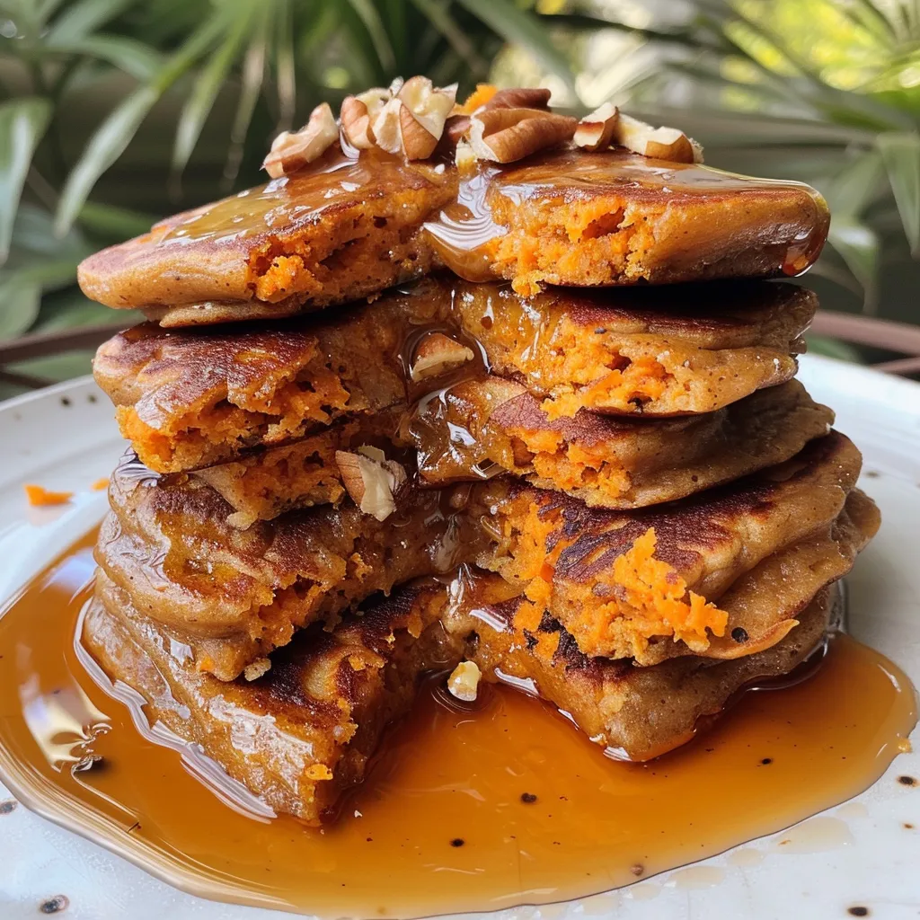 ['Close-up view of fluffy sweet potato protein pancakes drizzled with maple syrup.', 'Side profile of golden sweet potato pancakes topped with walnuts and syrup.', 'Juicy sweet potato pancakes stacked high, showcasing their texture and toppings.', 'Delicious-looking sweet potato protein pancakes served on a plate, glistening with syrup.']