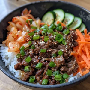 ['Close-up view of a Beef Bulgogi Bowl with vibrant vegetables and garnishes.', 'Juicy Beef Bulgogi served in a bowl with rice and colorful toppings.', 'Side view of a Beef Bulgogi Bowl featuring ground beef, rice, and fresh ingredients.', 'Deliciously arranged Beef Bulgogi Bowl with an array of toppings like cucumbers and kimchi.']