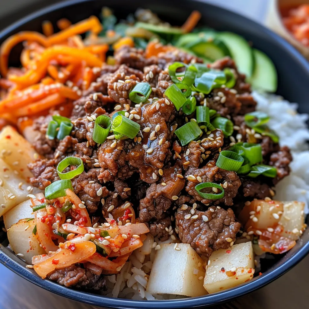 ['Close-up view of a Beef Bulgogi Bowl with vibrant vegetables and garnishes.', 'Juicy Beef Bulgogi served in a bowl with rice and colorful toppings.', 'Side view of a Beef Bulgogi Bowl featuring ground beef, rice, and fresh ingredients.', 'Deliciously arranged Beef Bulgogi Bowl with an array of toppings like cucumbers and kimchi.']