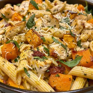 ['Close-up view of roasted butternut squash and sun-dried tomato chicken pasta in a bowl, showcasing vibrant colors.', 'Side angle of a plate filled with creamy pasta, featuring chunks of butternut squash and chicken, garnished with fresh basil.', 'A delicious serving of roasted butternut squash chicken pasta, highlighting the textures of ingredients and rich cream sauce.', 'Detailed shot of sun-dried tomato chicken pasta with roasted butternut squash, emphasizing the appealing colors and presentation.']