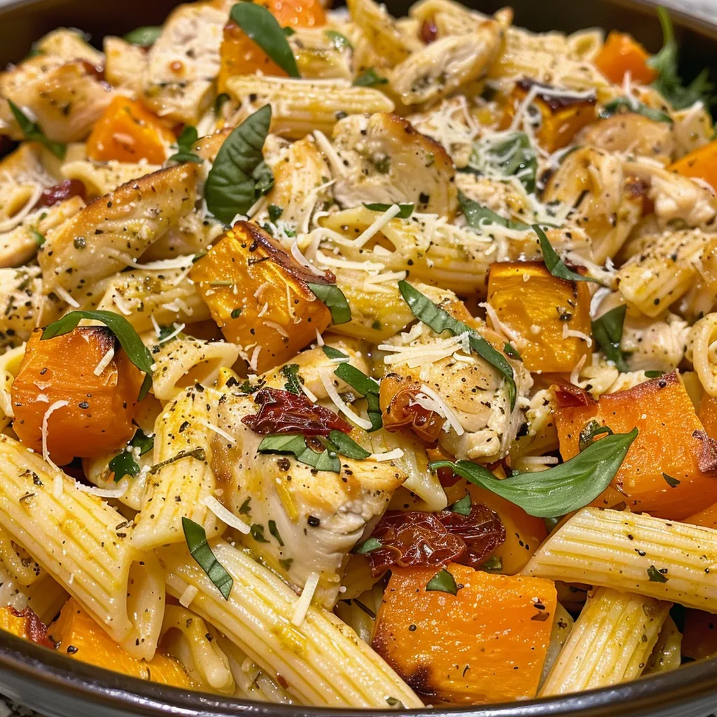 ['Close-up view of roasted butternut squash and sun-dried tomato chicken pasta in a bowl, showcasing vibrant colors.', 'Side angle of a plate filled with creamy pasta, featuring chunks of butternut squash and chicken, garnished with fresh basil.', 'A delicious serving of roasted butternut squash chicken pasta, highlighting the textures of ingredients and rich cream sauce.', 'Detailed shot of sun-dried tomato chicken pasta with roasted butternut squash, emphasizing the appealing colors and presentation.']